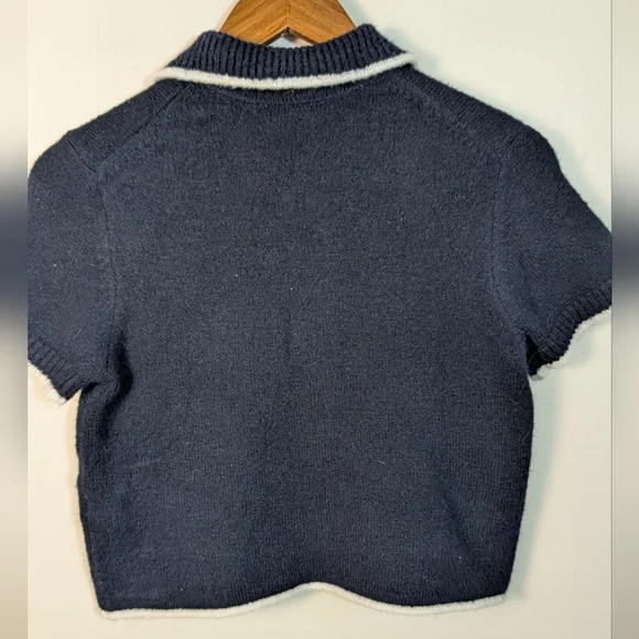 H&M Divided Knitwear Dark Navy Blue Collar Short Sleeve Cardigan Sweater - Picture 5 of 6